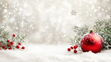 Minimalist Christmas card with snowflakes, a touch of red and green decor, and a soft, elegant white background. 