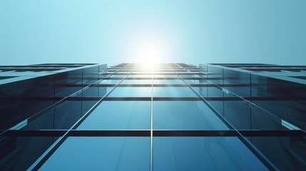 Obraz premium Glass building and steel window system against bright blue sky background, AI generated image