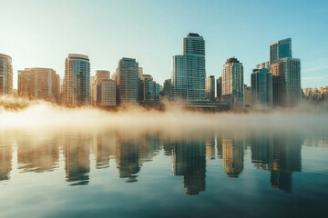 High-rise buildings reflect in misty lake at sunrise in a city