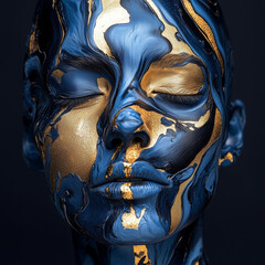 Naklejka premium Striking portrait with blue and gold abstract elements.