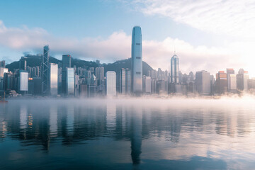 Obraz premium Morning mist over Hong Kong skyline reflecting in water