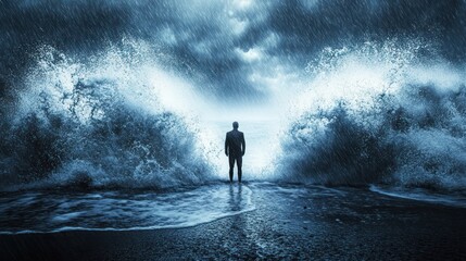 A lone man stands on a beach, facing huge waves crashing down on either side of him, under a dark and stormy sky.