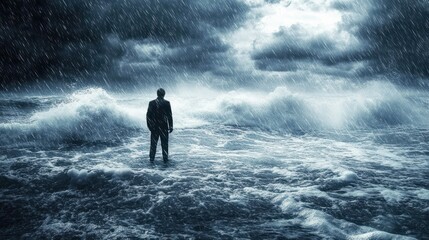 A lone businessman stands in the middle of a raging sea, facing a powerful storm with rain and waves crashing around him. 