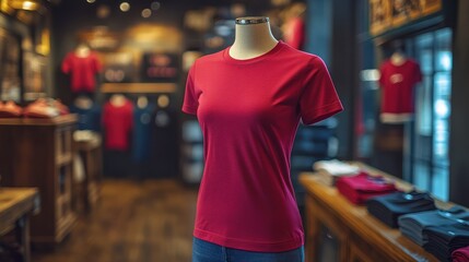 Obraz premium A 3D sport T-shirt in plain red on a mannequin, with a close-up focusing on the hemline and lower torso.