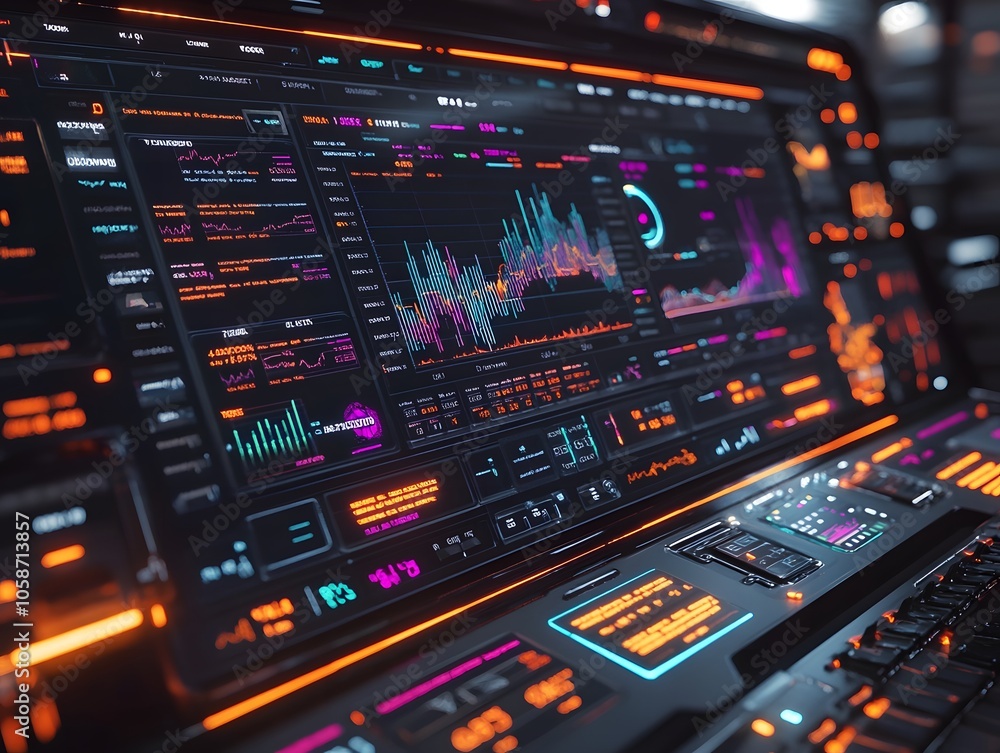 Poster a futuristic interface displaying data analytics and graphs with vibrant neon colors.