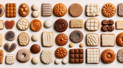 Assorted decorative cookies with various shapes and textures, featuring icing and sugar coatings, arranged neatly on a white background.