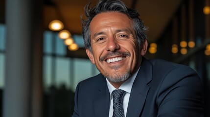 Fototapeta premium Portrait of a smiling middle-aged man in a suit and tie, with a gray beard, in an illuminated indoor setting