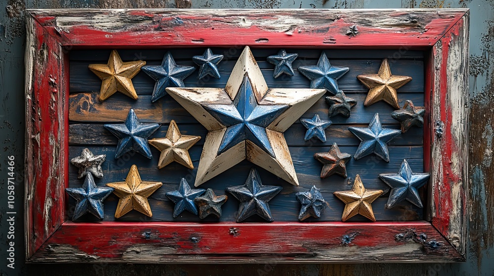 Aufkleber white rectangular frame with red borders and blue stars, designed with an american flag color scheme
