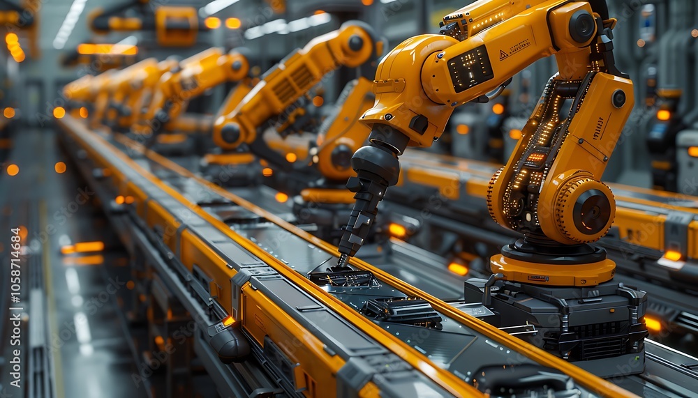 Poster A futuristic assembly line featuring robotic arms with orange accents, efficiently working on production tasks in a high-tech environment.