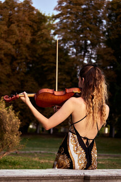 Violinista di spalle in un parco che suona il violino durante un caldo tramonto trasmettendo una sensazione di relax e pace interiore.