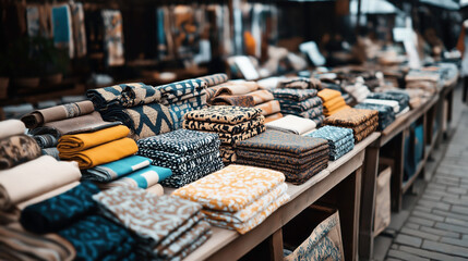 Colorful textile display with folded patterned fabrics on tables at an outdoor market setting, featuring various textures and designs.