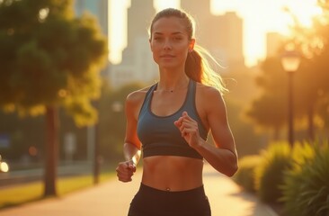 A woman jogging in the evening sunlight through a city park with trees and tall buildings in the background