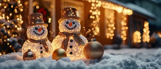Two cheerful snowmen adorned with lights, sitting in the snow, creating a festive atmosphere near a warmly lit house during winter.