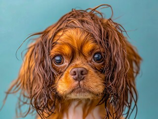 Naklejka premium A brown dog with wet hair on a blue background
