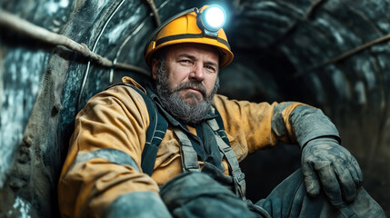 Middle-aged miner with a beard in a yellow helmet and protective clothing inside a dark tunnel, illuminated by helmet lamp.
