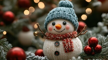 A 4K Christmas snowman ornament with a carrot nose, button eyes, and a knitted hat.