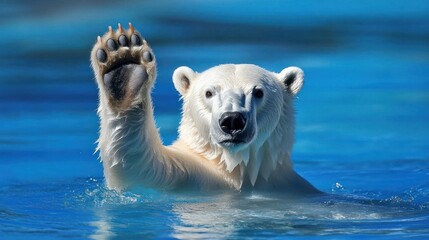 A polar bear waves its paw in the water, looking directly at the camera.