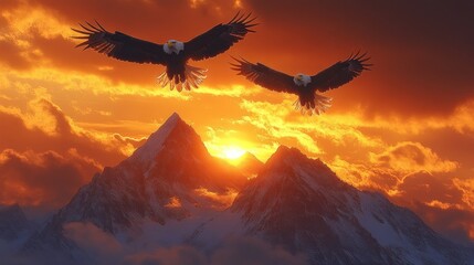 Majestic eagles soar over stunning mountain sunset.