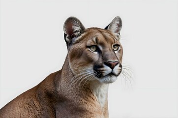 Majestic puma close-up, capturing the fierce gaze of this powerful feline. The cougar's intense eyes and detailed fur are highlighted against a white background