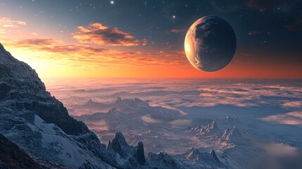 A stunning alien landscape with mountains, clouds, and a distant planet in a twilight sky.