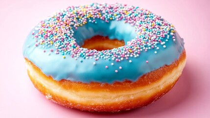 A blue frosted doughnut with rainbow sprinkles