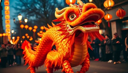 Colorful dragon dance performance during Chinese New Year celebration with festive lanterns in background
