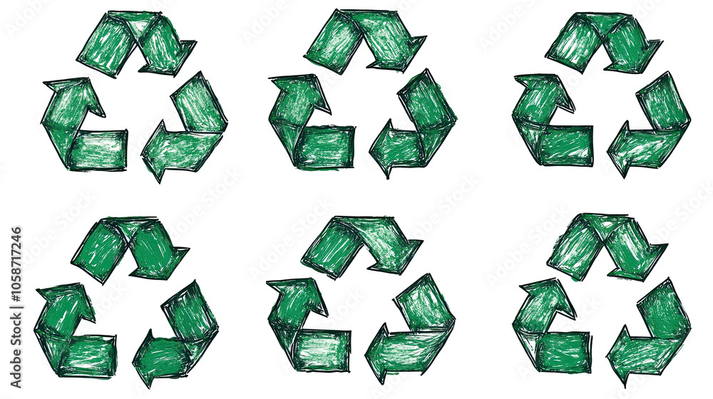 Poster set of simplified green recycle symbols on a transparent background generative ai