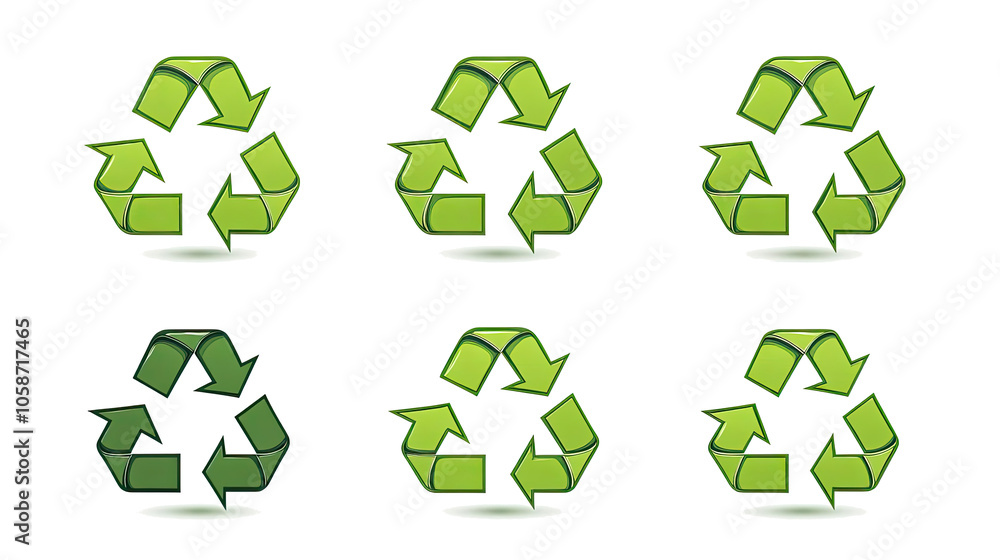 Poster set of simplified green recycle symbols on transparent background generative ai