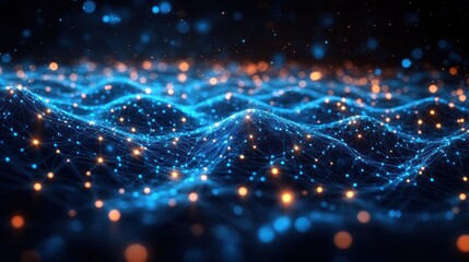 Obraz premium Abstract digital landscape with glowing nodes and connections.