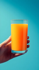 Photo of Hand Holding Orange Juice in Glass with Blue Background