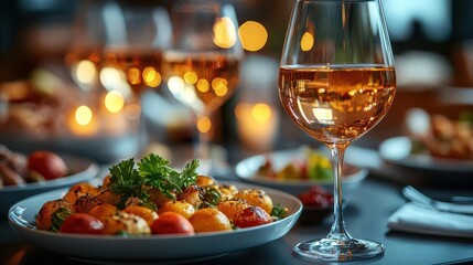 elegant travel experience with gourmet dishes served at a lavish restaurant, soft golden lighting accentuating the refined atmosphere and attentive service by well-dressed staff