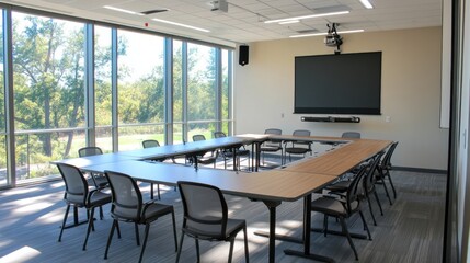 A modern conference room with a large screen,  a long table, and chairs in a U-shaped arrangement, overlooking a grassy area through large windows.