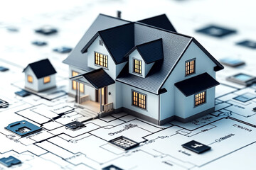 Architectural Plans and Pen in Front of House, Symbolizing Real Estate and Homeownership