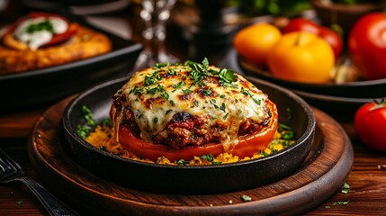 Savory Stuffed Bell Pepper with Melted Cheese and Herbs - Detailed Food Photography Close-up