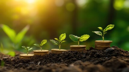 Fototapeta premium Growth concept with coins and plants symbolizing investment and sustainability.