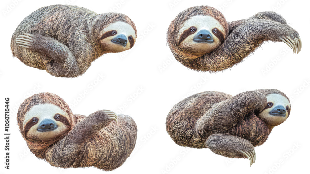 Poster sloths in various poses on transparent background generative ai