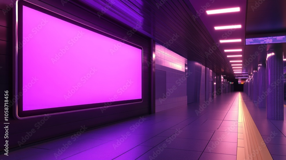 Canvas Prints an empty billboard with a pink glow in an underground subway station.
