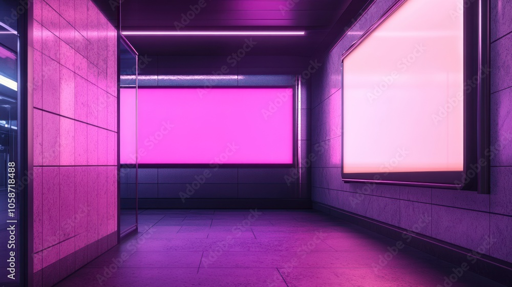 Poster an empty subway tunnel with neon lights.