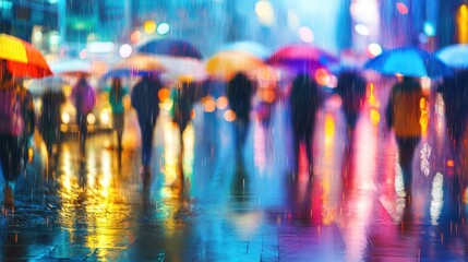 A blurry image of people walking in the rain, with colorful umbrellas and city lights reflecting on the wet pavement.