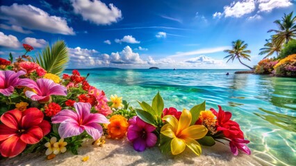 Tropical Ocean Water with Vibrant Flowers in Focus - Stunning Fashion Photography for Nature Lovers, Beach Vibes, Floral Aesthetics, and Summer Style Inspiration
