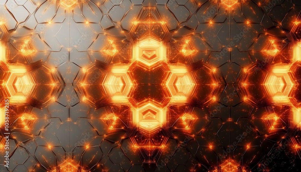 Poster abstract geometric background, orange and white hexagonal shapes creating pattern, 3d render