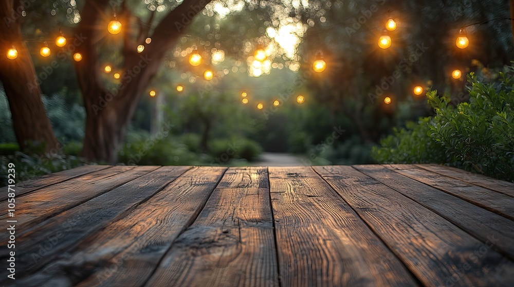 Poster wooden table set against backdrop of trees and string lights, perfect for product mockup