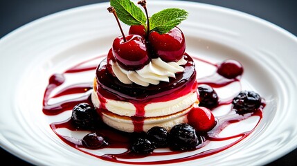 Succulent Black Cherry Delight with Whipped Cream - Close-up Dessert Photography in Soft Natural Light