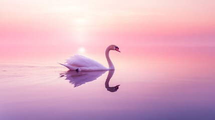 Obraz premium A swan is swimming in a lake with a pink and purple sky in the background