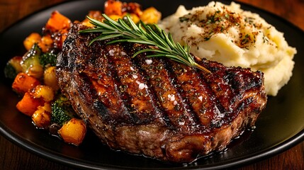 Gourmet Lamb Chop with Rosemary, Mashed Potatoes, and Vegetables in Warm Ambient Light - Culinary Artistry and Cozy Dining Experience