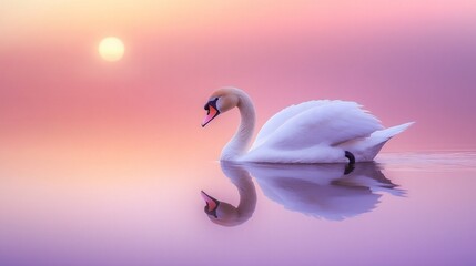 Fototapeta premium A swan is swimming in a pond with a pink and orange sky in the background