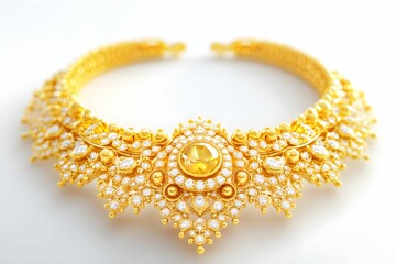 A stunning gold necklace adorned with intricate patterns and sparkling crystals, showcasing elegance and craftsmanship.