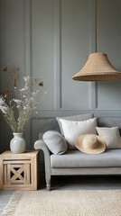 Gray Sofa and Rattan Pendant Light - Interior Photo