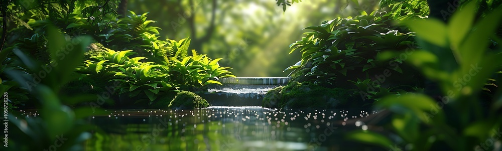 Poster A tranquil forest scene with lush greenery and a gentle stream flowing through, illuminated by soft light.