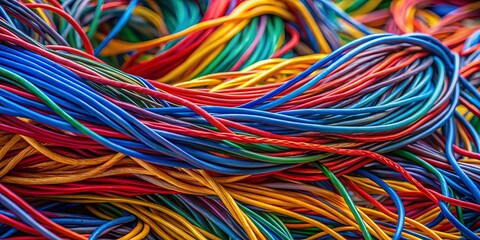 Vivid electrical wires intertwine, creating a surreal world of vibrant connections and intricate textures, inviting exploration through the lens of abstract photography.